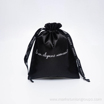 2021 Silk Printing Black Satin Drawstring Gift Pouch Custom silk bags with logo